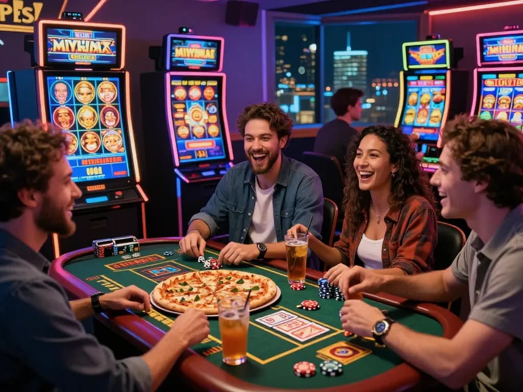 Friends enjoying a bomwin online gaming experience with vibrant graphics in a cozy setting.