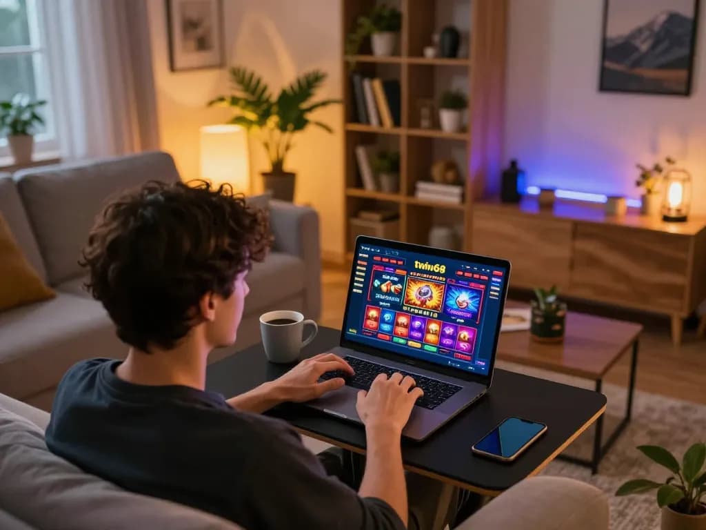Twiin68 user engaging in online gaming on a laptop, showcasing vibrant casino options and cozy ambiance.