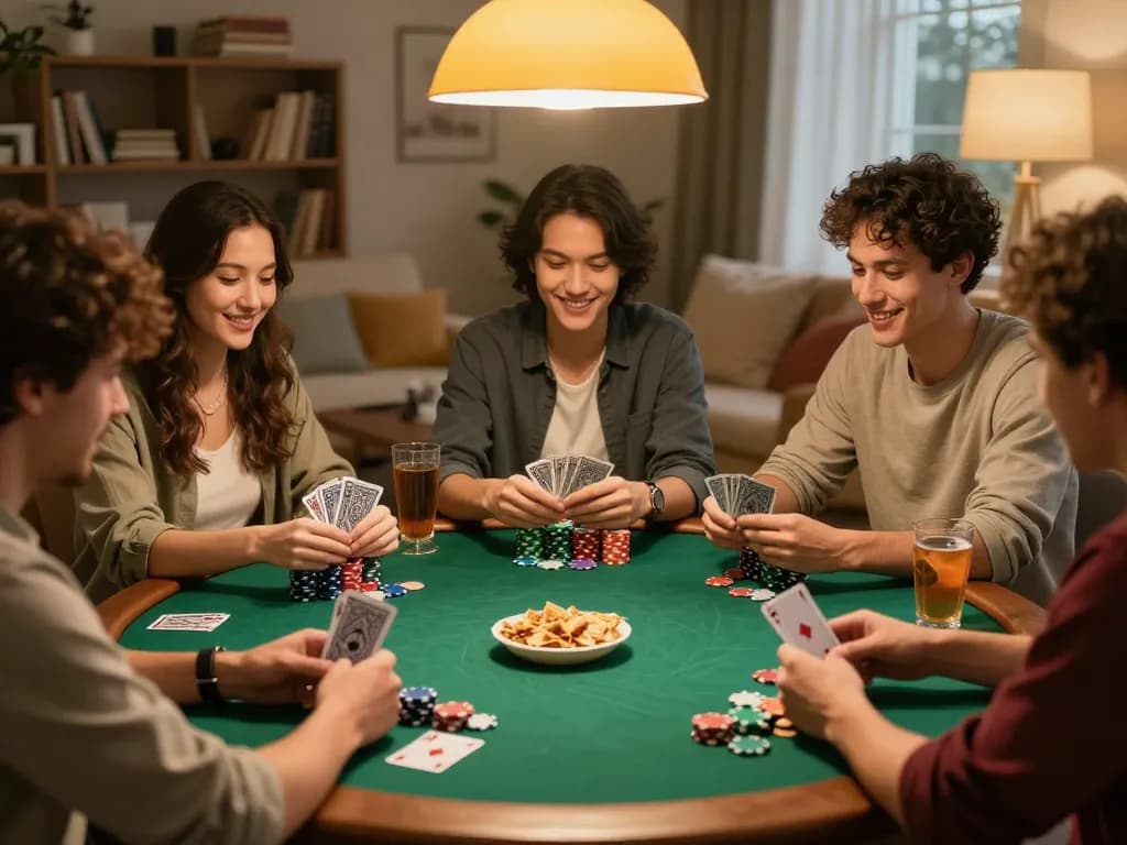 Friends enjoying a poker game at home, showcasing hitclub atmosphere of strategic play and fun.