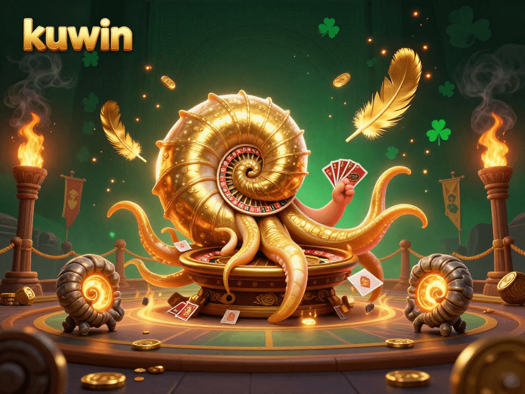 Kuwin brings vibrant gaming adventures featuring a 3D nautilus as a roulette wheel with animated gold elements and thrilling atmosphere.