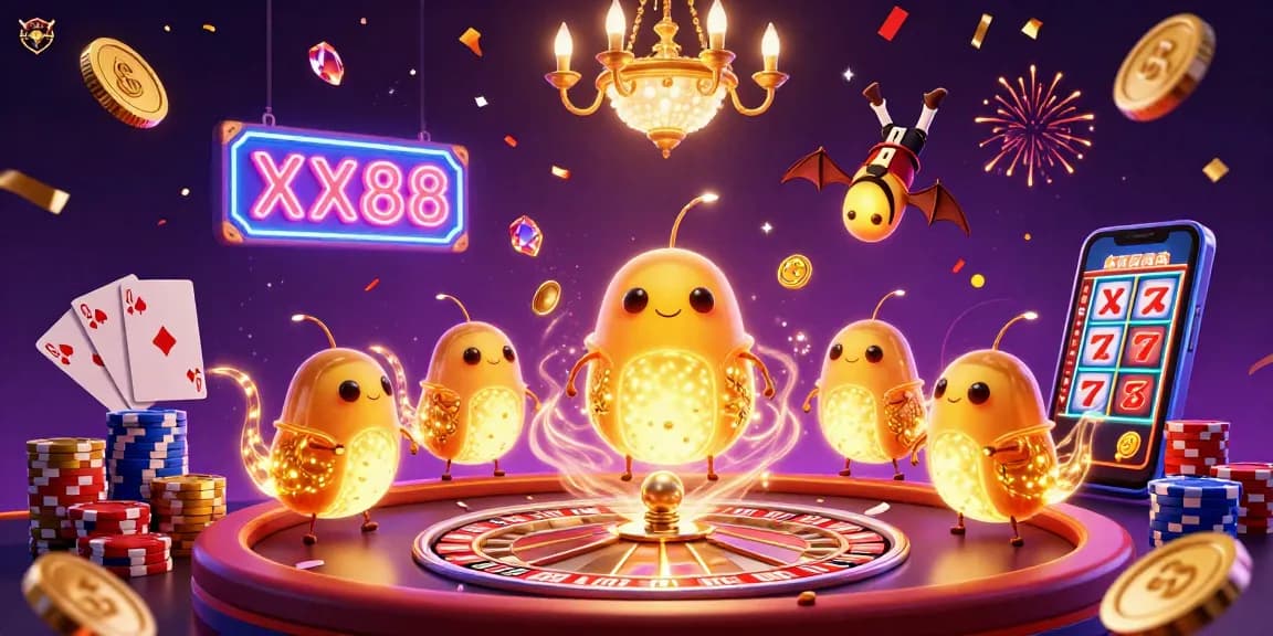 Engage with the vibrant gaming atmosphere of XX88 featuring animated glowworms and a bat dealer in a lively casino scene.