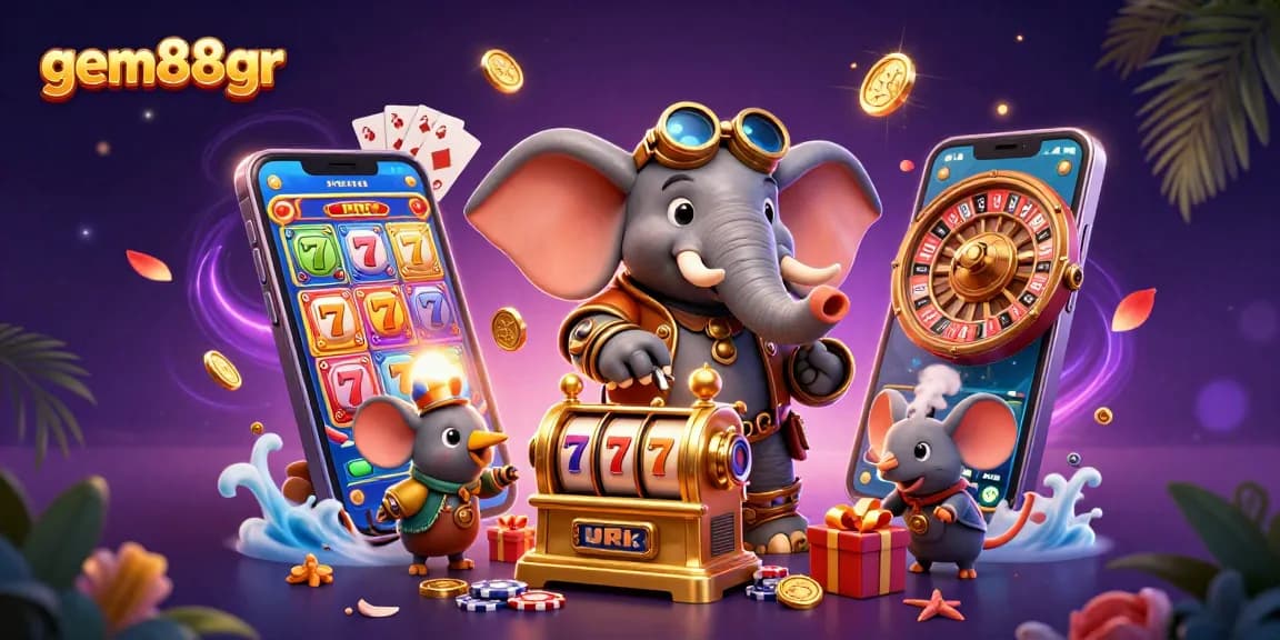 Spin and win big at gem88gr with vibrant slot action and steampunk charm in this 3D casino scene.