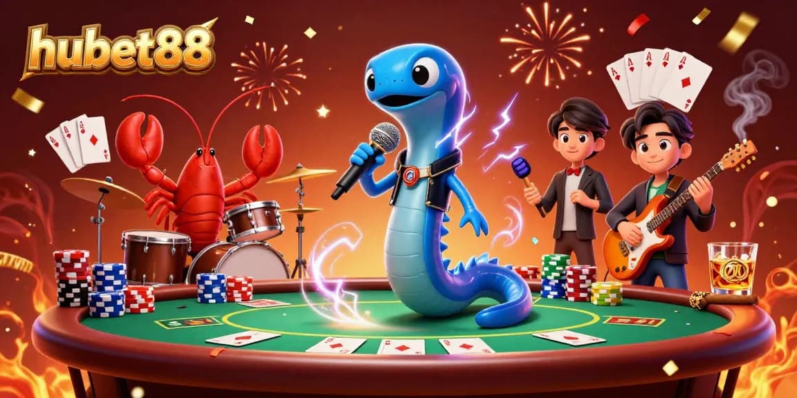 Hubet88 showcases an electric eel DJ performance in an underwater casino filled with poker excitement.