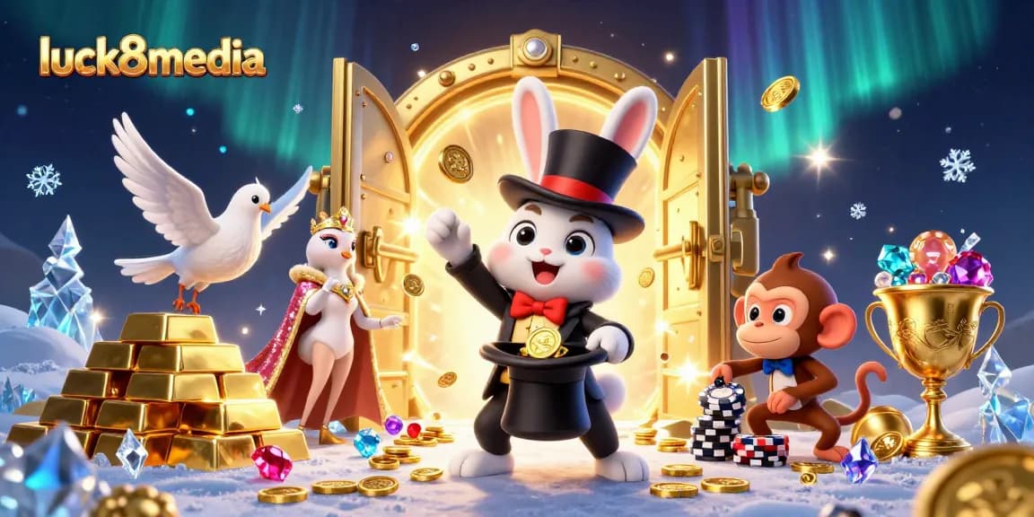 Witness the enchanting magic of luck8media with a whimsical scene of a rabbit and dove in a casino.
