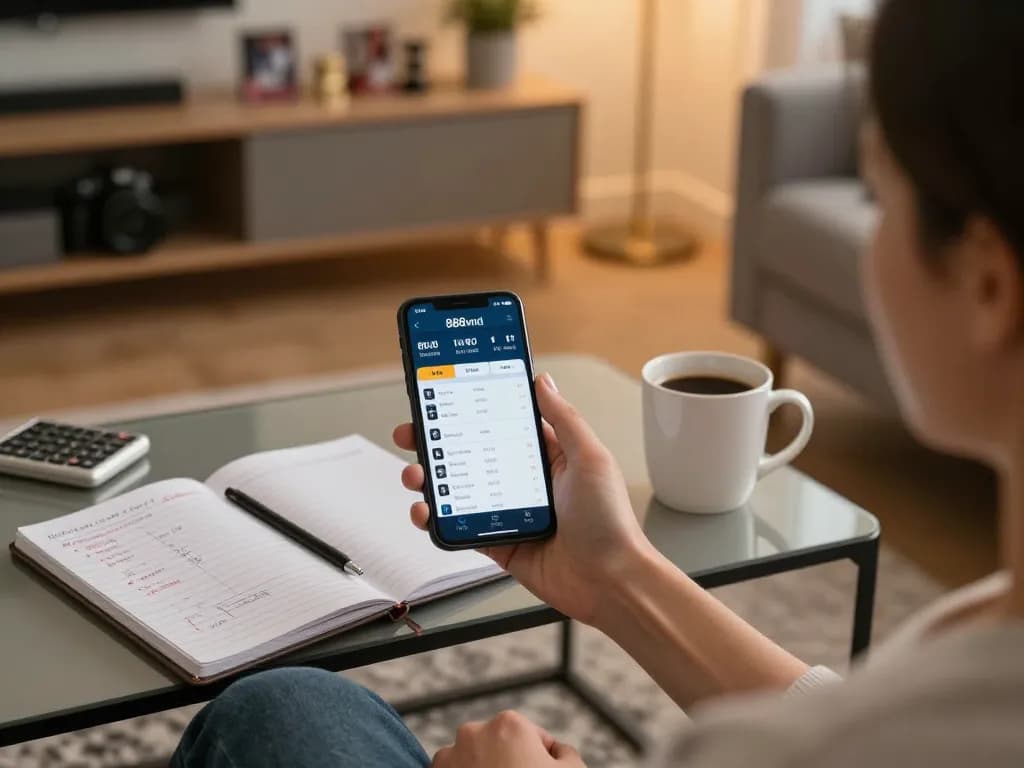 Person placing bets on the 888vnd app during a home gaming session, showcasing strategic planning.