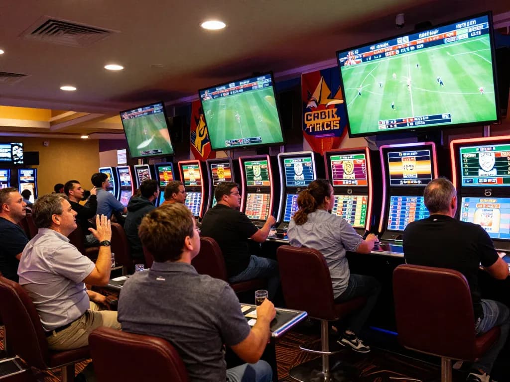Tỷ lệ kèo nhà cái displayed on a vibrant sports betting screen in a busy casino, patrons engaged in betting.