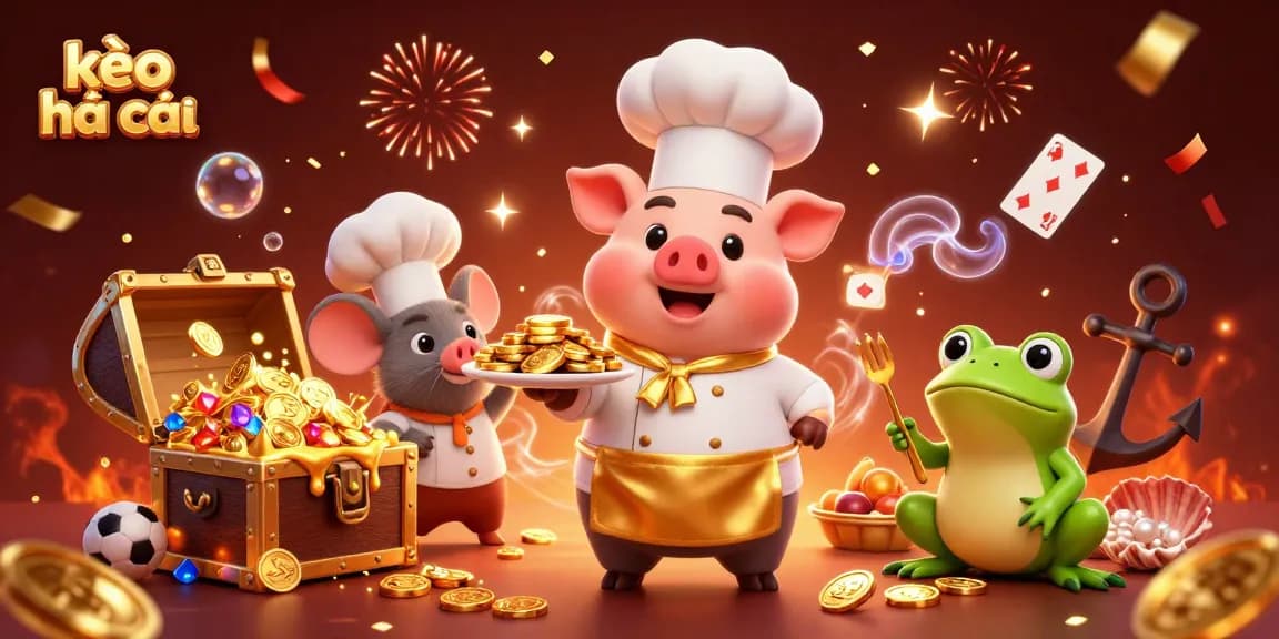 Kèo nhà cái offers vibrant sports betting visuals with a cartoon chef pig serving gold coins.