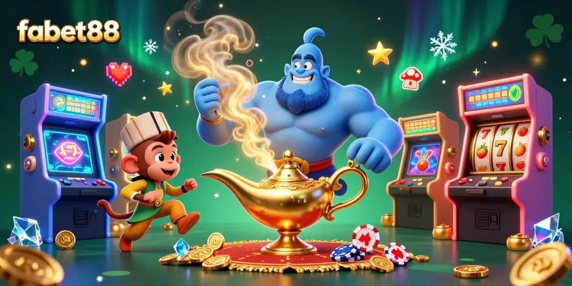 Experience fabet88's vibrant casino energy with a muscular genie, money, and gaming thrill.