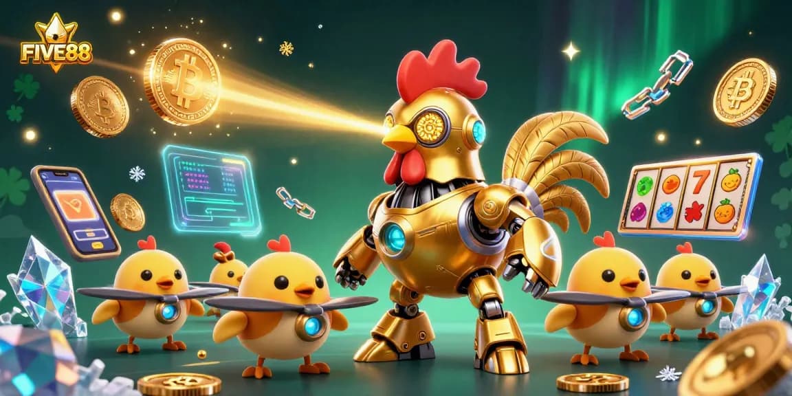 Experience thrilling wins at FIVE88 with a vibrant 3D casino scene featuring unique characters and gaming elements.