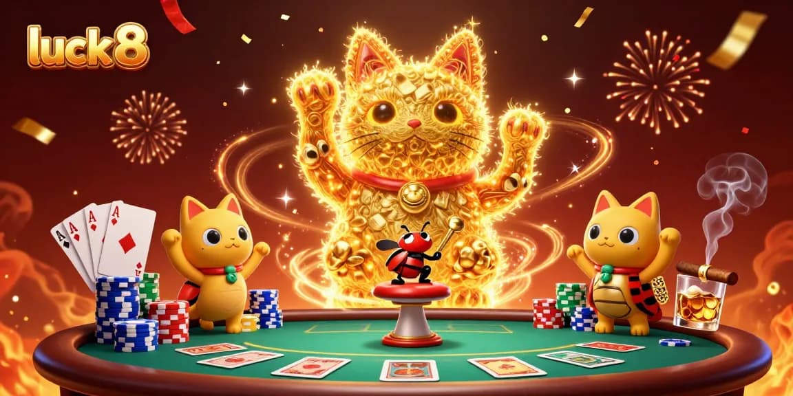 Engage with luck 8 through playful golden fireflies forming a lucky cat amidst vibrant poker elements.