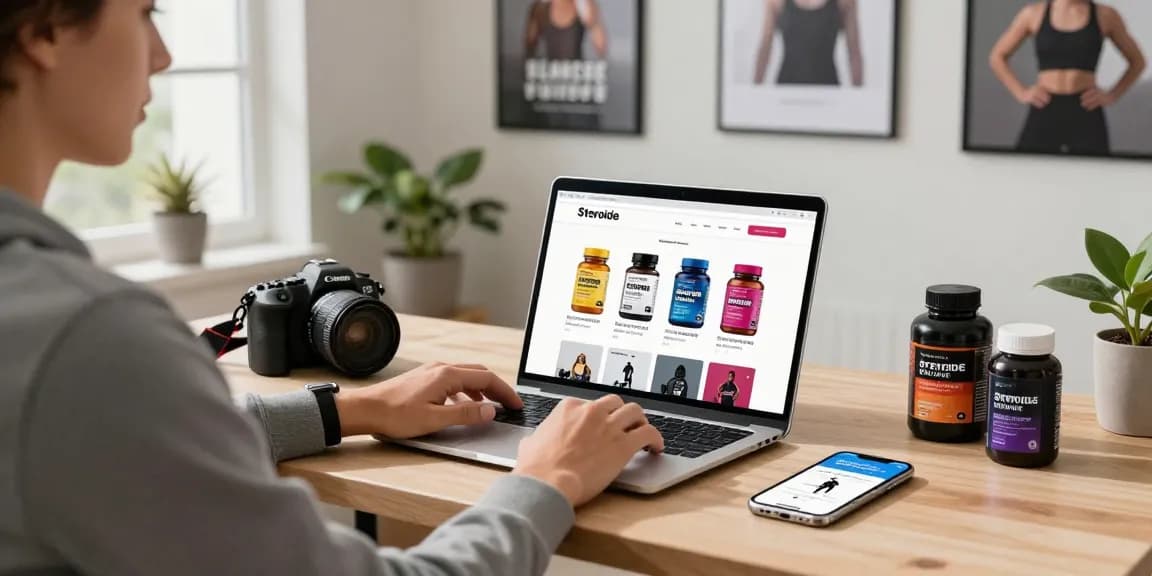 Steroide Boutique online shopping experience showcasing fitness products in a stylish home office setup.