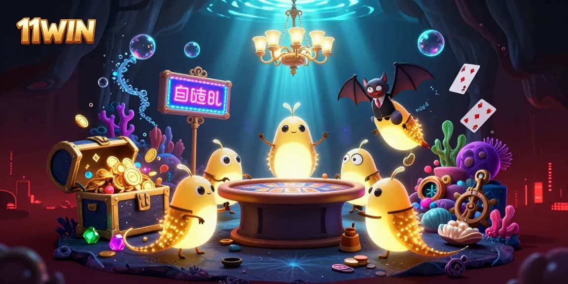 Experience thrilling casino fun with 11WIN and vibrant glowworms in a magical cave setting.