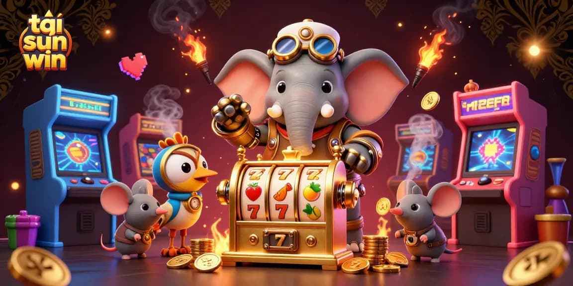 Spin the golden slot machine with tải sun win in this vibrant illustration showcasing steampunk characters.