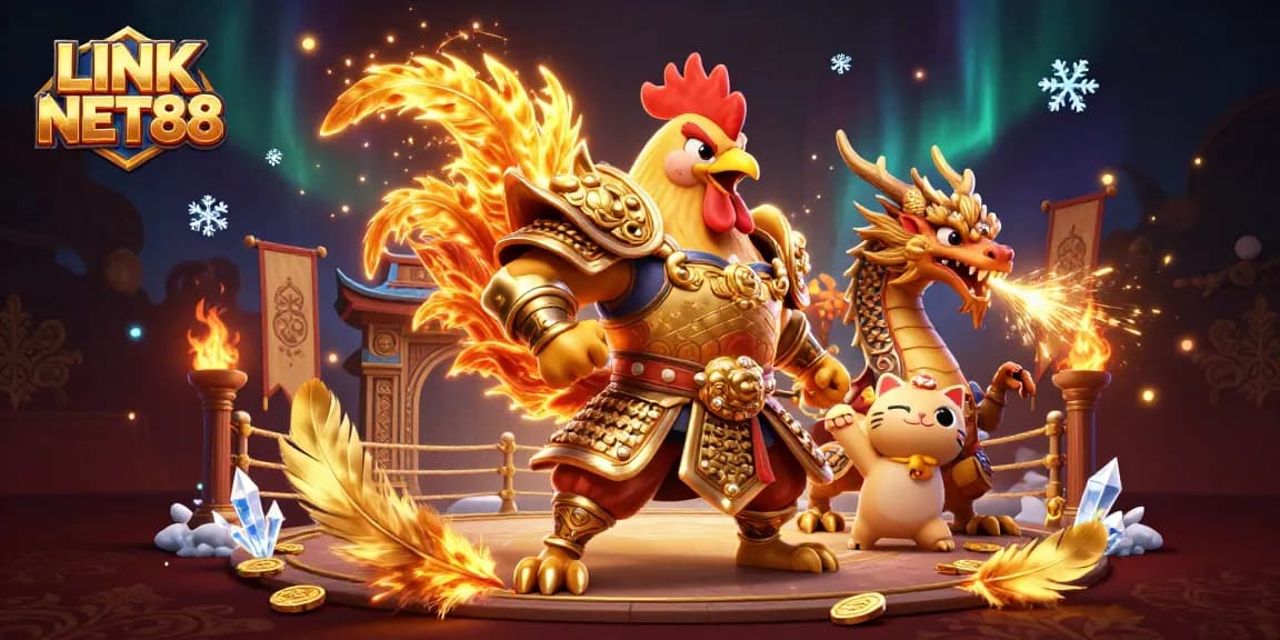 Experience the excitement of LINK NET88 with a dynamic 3D casino illustration featuring a fighting rooster and dragon.