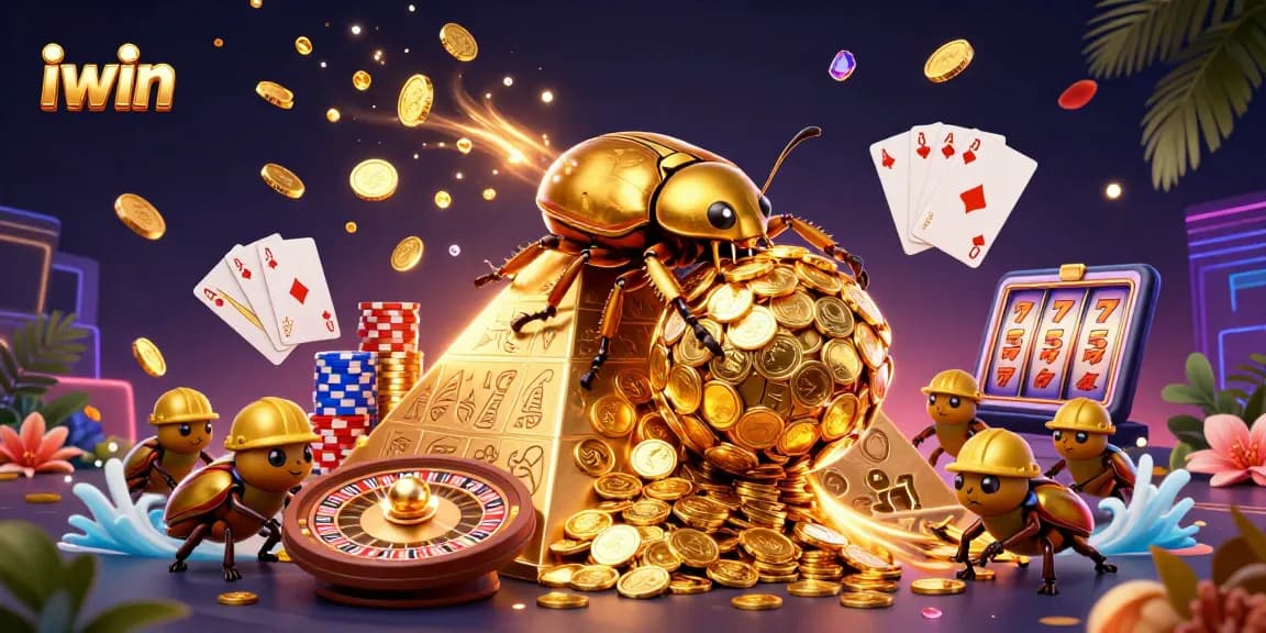 iwin showcases vibrant casino magic with beetles rolling golden coins and sparkling gems.