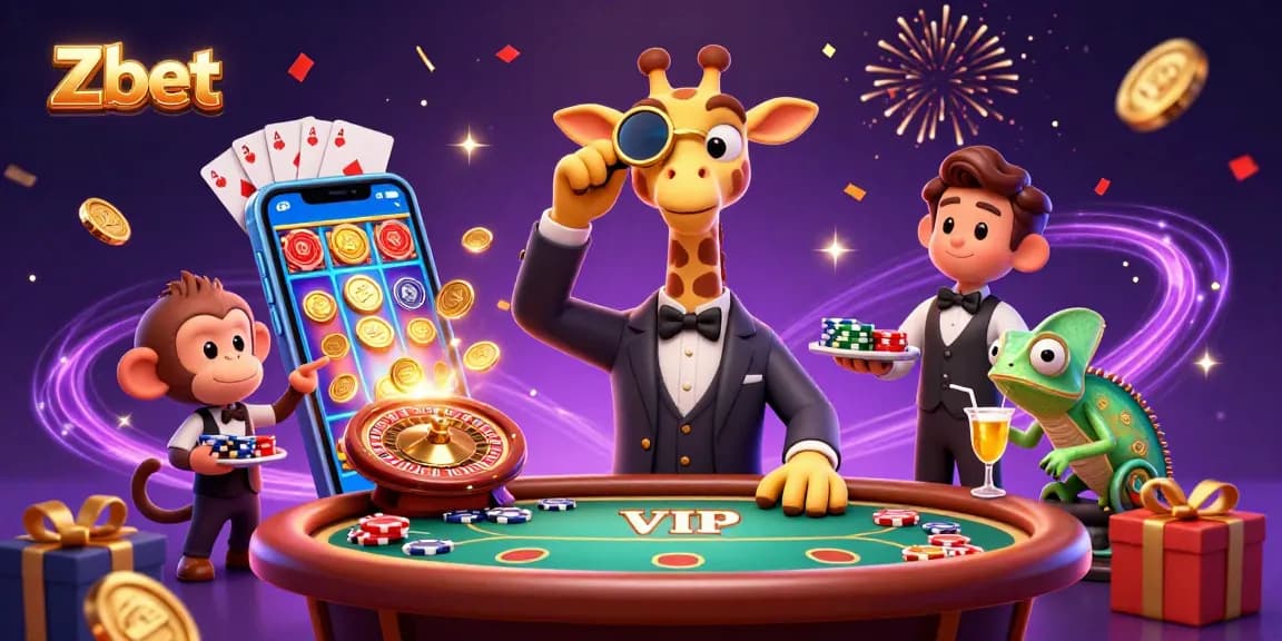 Zbet promotes high-stakes fun with a giraffe and monkey at a vibrant casino scene.