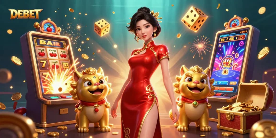 Experience the excitement of DEBET with a vibrant slot machine and glamorous casino symbols.