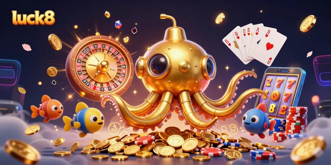 Experience the thrill of winning at luck8 with 3D visuals of a golden kraken amidst cascading coins and exciting casino elements.
