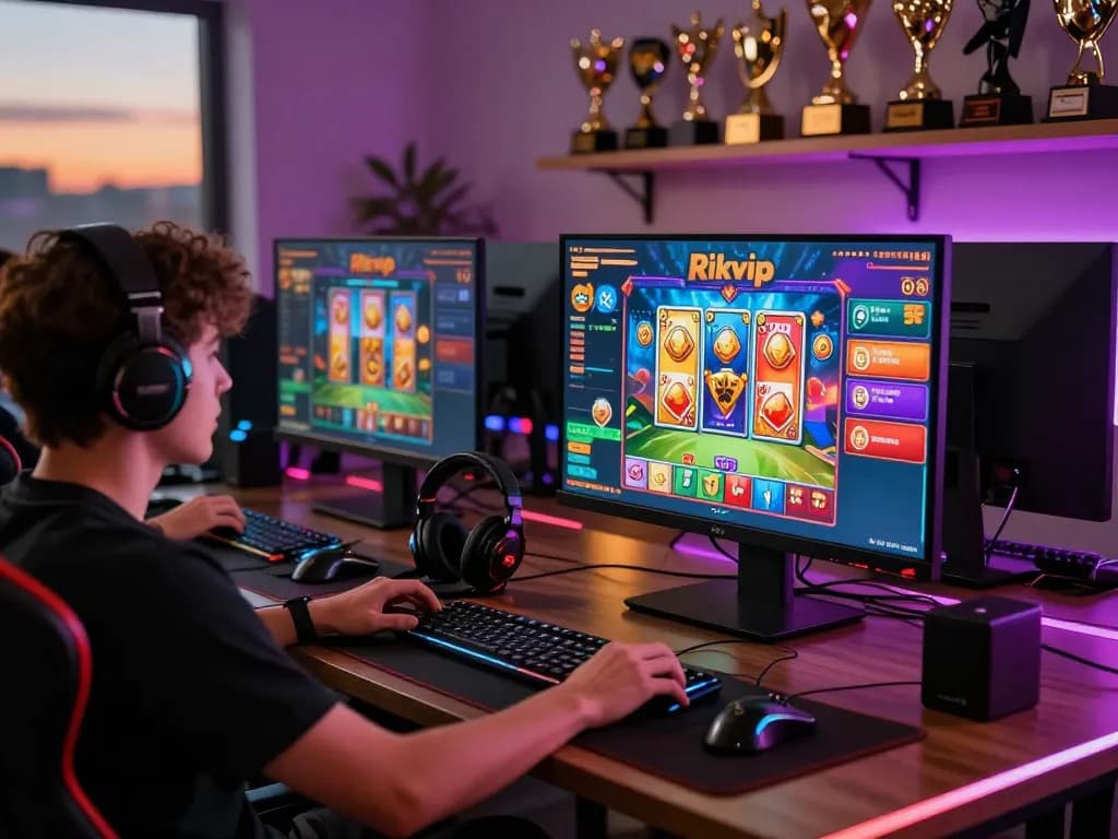 Player enjoying Rikvip online gaming experience in a vibrant setting