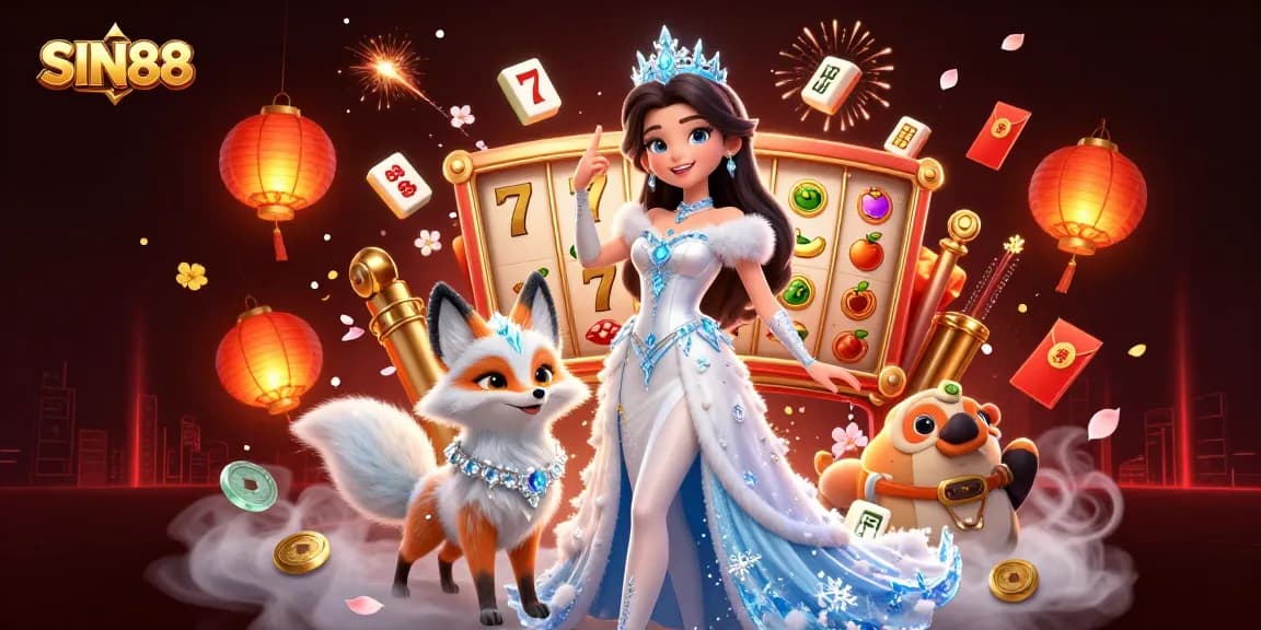 SIN88 celebrates thrilling slot adventures with an enchanting ice queen and dynamic casino elements.