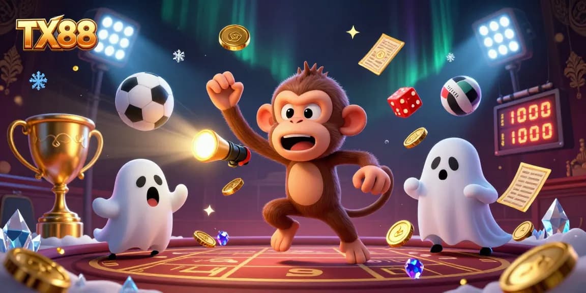 Join the fun at TX88 with a lively scene featuring a ghostly monkey and a ghost-hunter puppy in an action-packed casino setting.