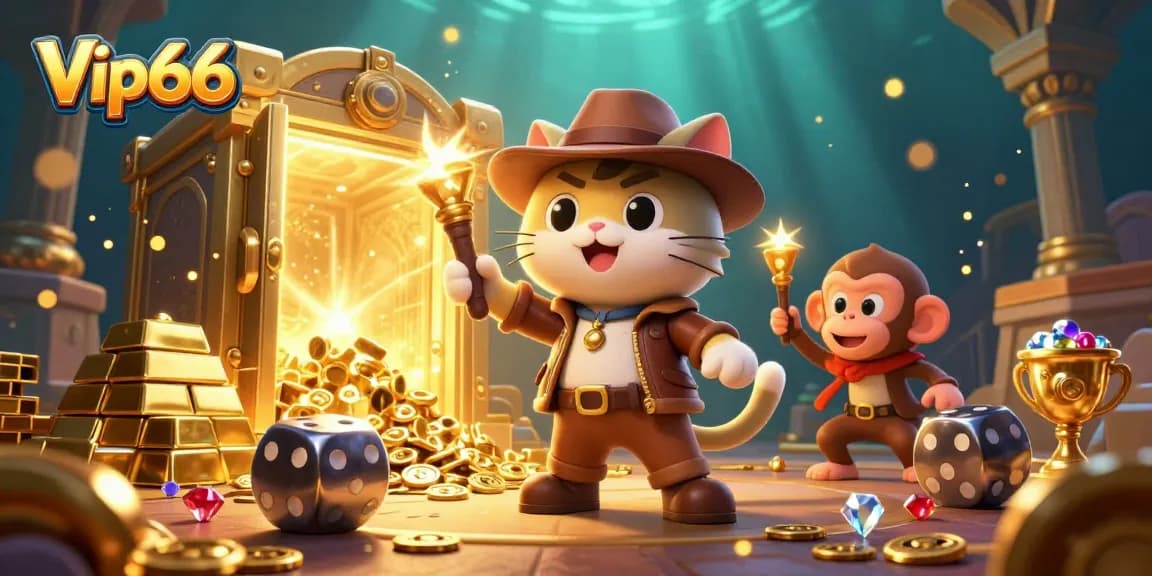 Experience the excitement of Vip66 casino, where an explorer cat uncovers treasures among golden artifacts and lively game elements.