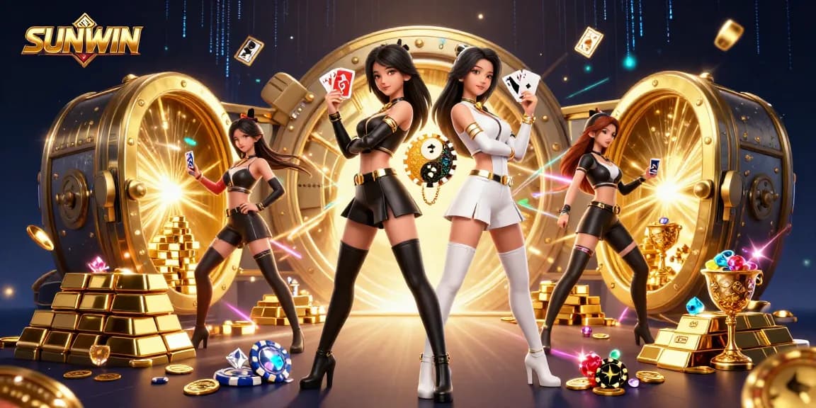 Experience thrilling gameplay with SUNWIN as twin Asian women showcase their poker prowess amidst a dazzling casino scene.