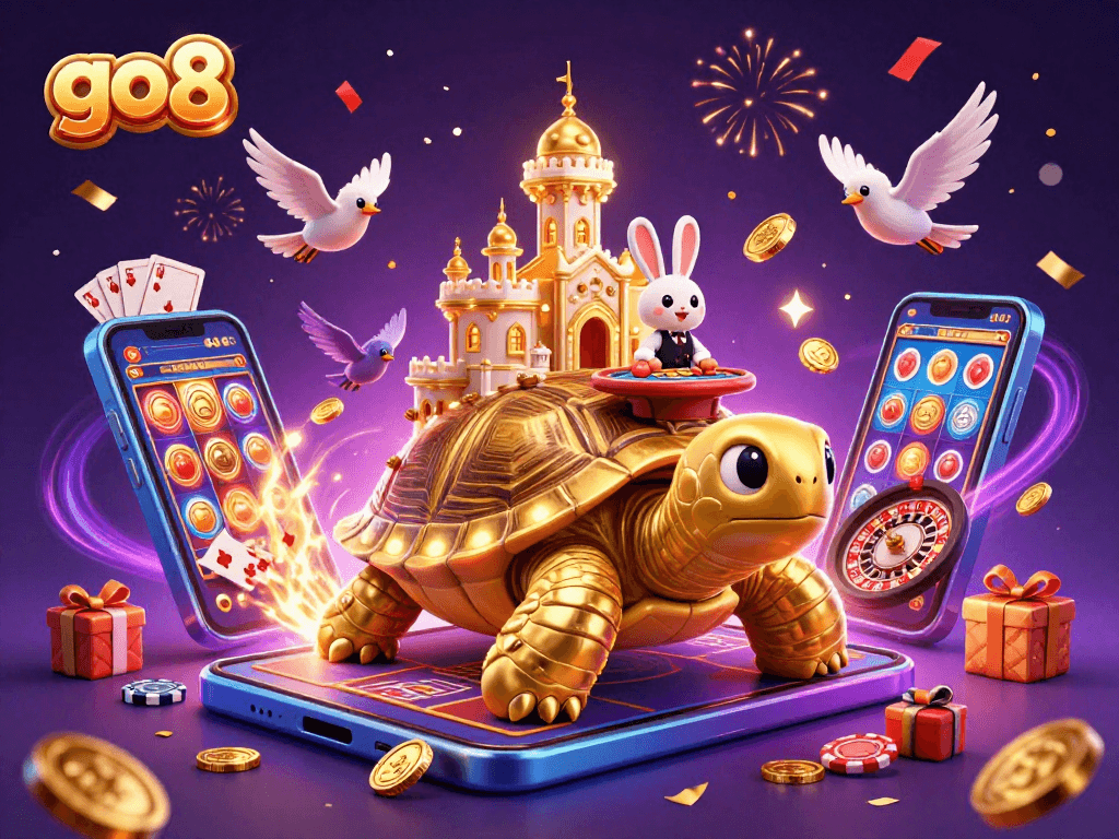 Experience the excitement of go8's casino adventure with a golden tortoise and rabbit dealer!