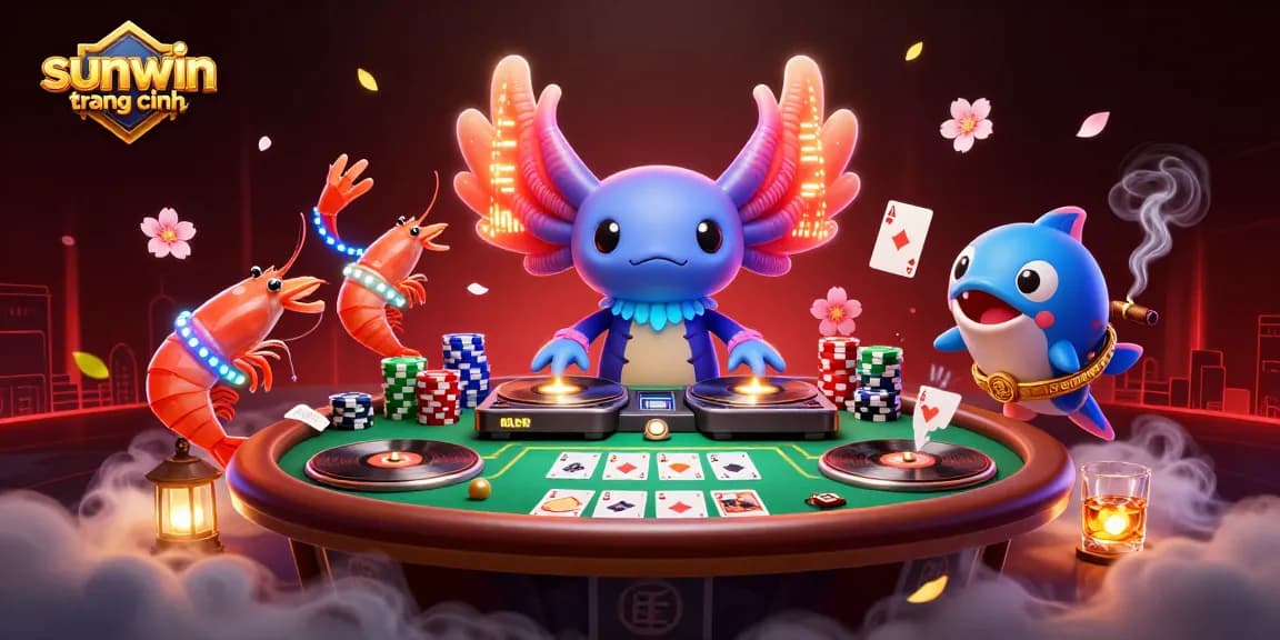 Experience the vibrant excitement of sunwin trang chính with a dynamic casino scene featuring a DJ axolotl and glowing shrimp.