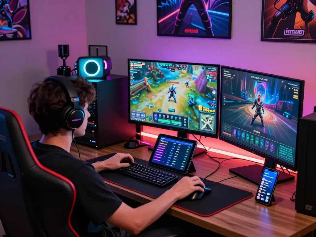 Engaging scene of a gamer playing Hitclub, highlighting the excitement of tải hitclub with vibrant LED lighting and gaming gear.