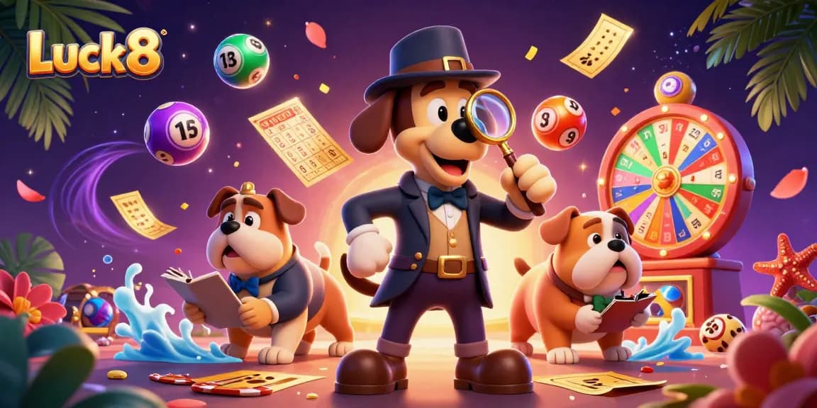 Luck8 poker chip clue in a vibrant casino scene with lively lottery elements.