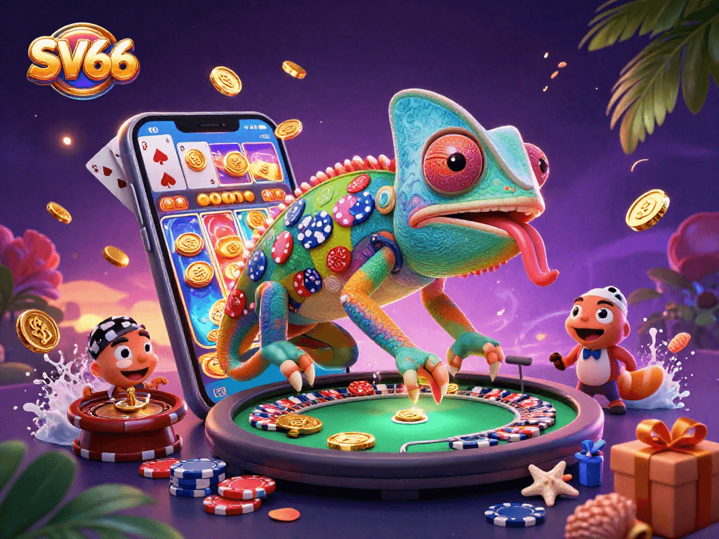 Experience the exciting world of SV66 with a colorful casino scene featuring a chameleon and dynamic game elements.