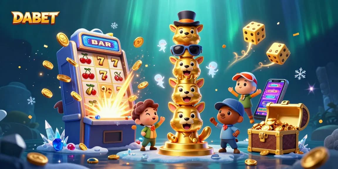 DABET slots burst with excitement as animated totem poles and jackpot symbols explode in a vibrant casino scene.