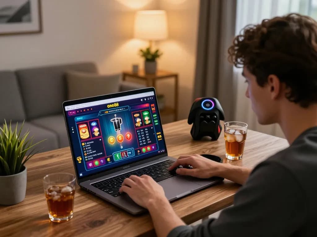 Player enjoying online gaming on one88 platform with lively interface and cozy setup.