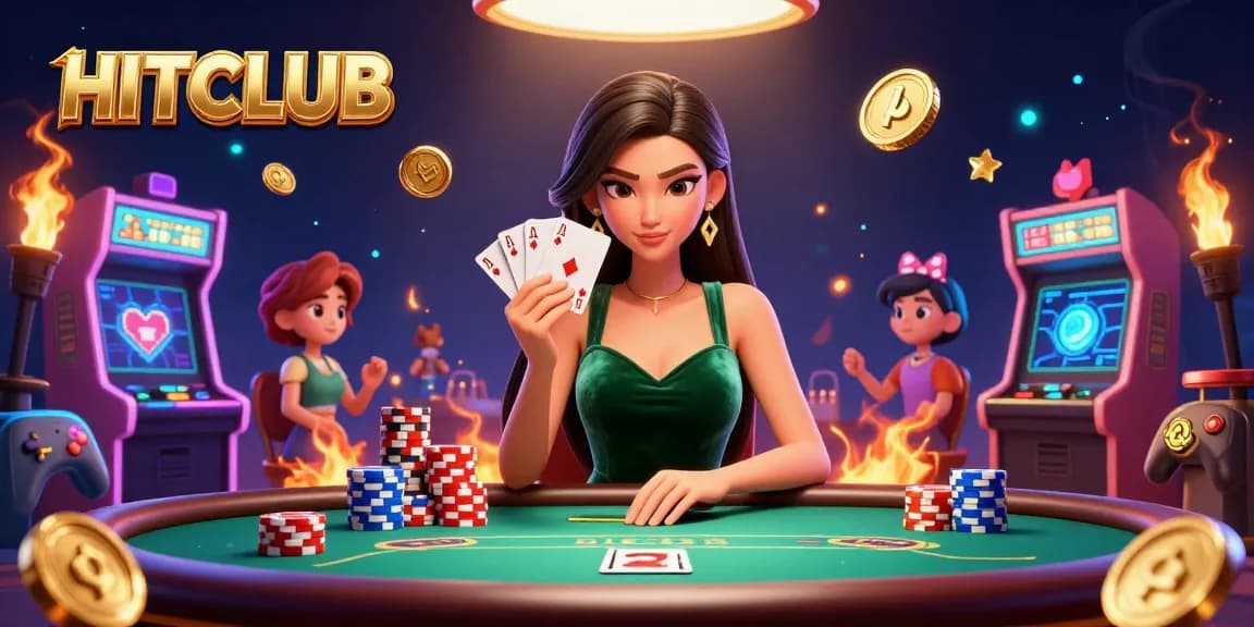 HITCLUB showcases a focused player with cards at a vibrant casino table, surrounded by arcade elements.