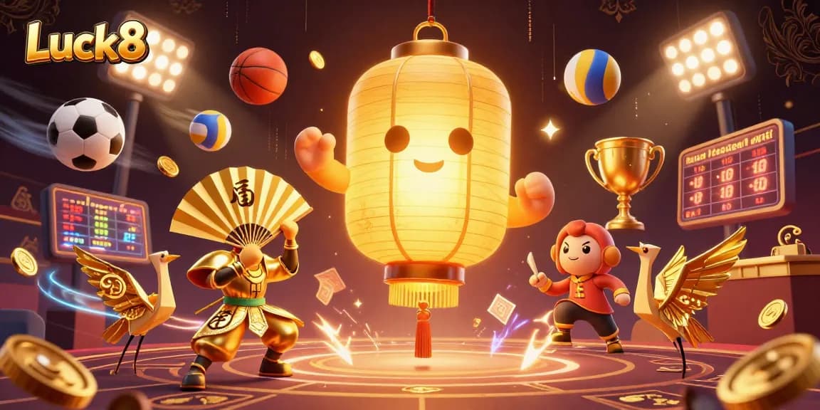 Experience Luck8's excitement with a golden lantern spirit and dynamic sports elements in a vibrant casino scene.