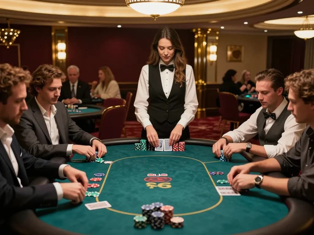 Rik vip gameplay at an upscale casino poker table with players and dealer in action