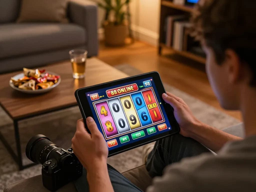 Player engaging in fun 88 online slots with winning reels visible on tablet, creating a cozy gambling atmosphere at home.