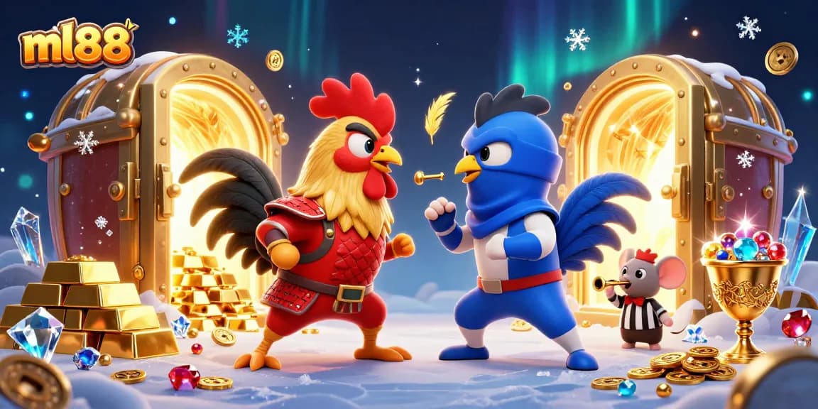 Engage in thrilling battles with the ml88 online casino's fighting rooster showdown featuring gold treasures.