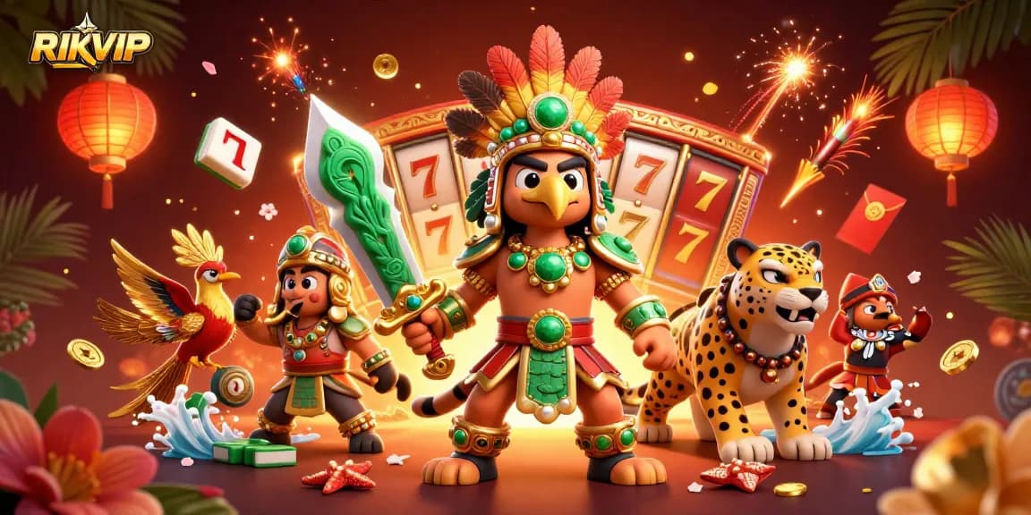 Experience the excitement of RIKVIP with dynamic slot reels and colorful characters in a vibrant scene.