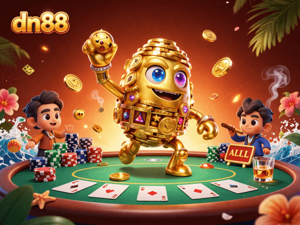 Experience the thrill of dn88 with a 3D golden golem amidst rich poker elements and vibrant casino visuals.
