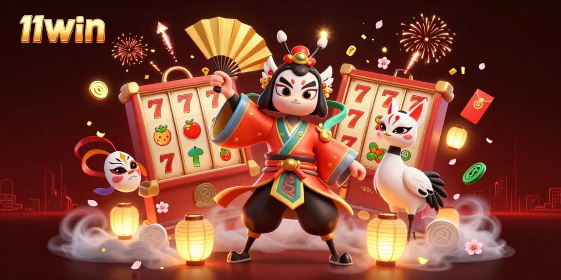 Engage in thrilling slots action with 11WIN as kabuki warriors and lucky symbols come alive in a vibrant illustration.