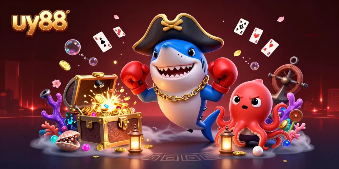 Experience uy88's underwater excitement with a playful pirate shark, boxing pufferfish, and a treasure-holding octopus.