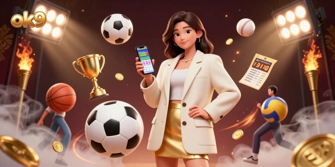 Bet on sports with ok9, showcasing exciting elements including a smiling woman and dynamic sports balls.