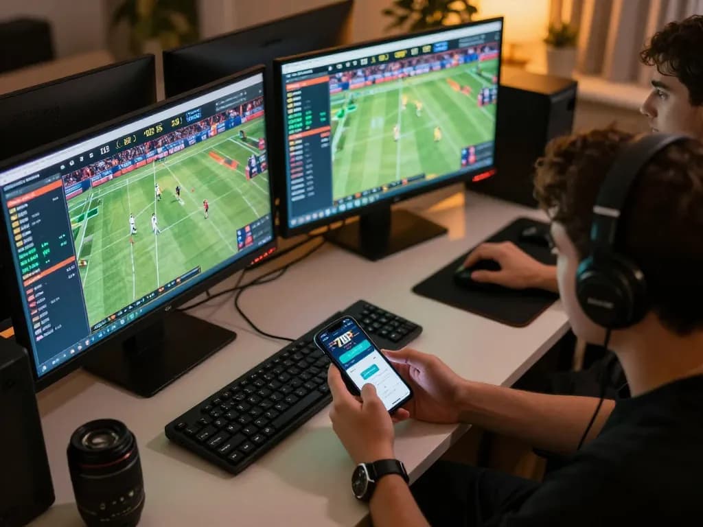 Betting on live sports using the 789P app in a modern home setup, showcasing real-time odds and excitement