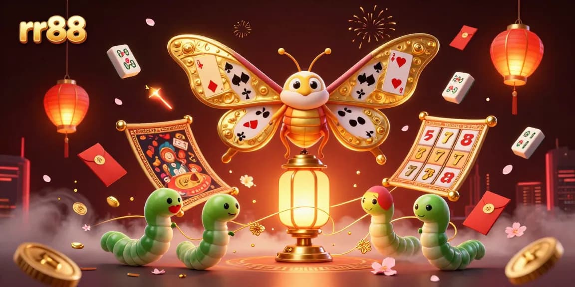 Engage with rr88’s vibrant casino scene featuring golden moth and festive gaming elements.