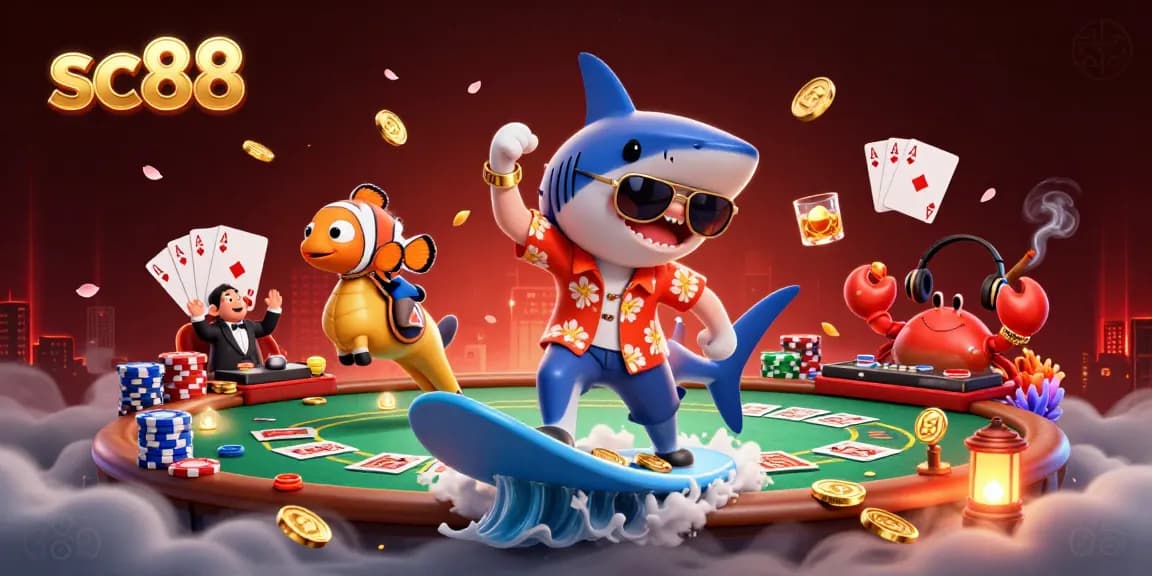 Experience thrilling poker action at sc88 with a shark, clownfish, and crab amidst shimmering gold coins.
