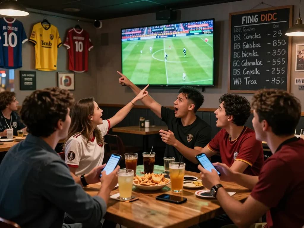 Excited friends enjoying a football match while checking 1gom betting odds at a sports bar.