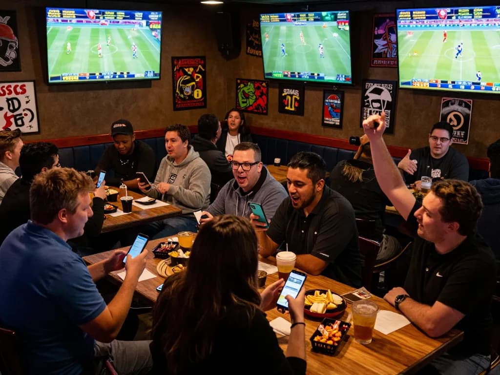 CO88 players placing bets on mobile while celebrating sports victories in a lively bar