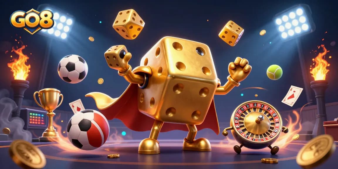 Engage with GO8's vibrant 3D casino scene, featuring a golden dice golem and dynamic sports elements.